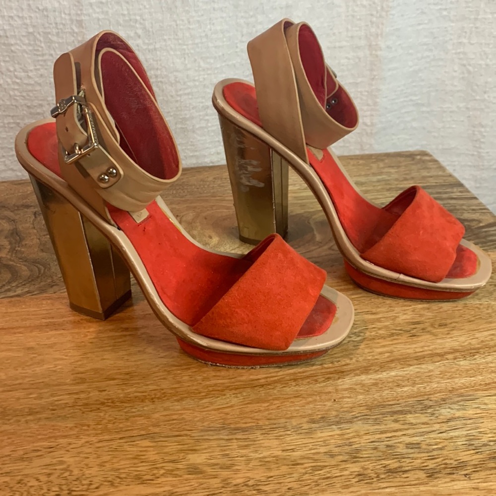 BCBG Max Azria tan/orange/gold sandals